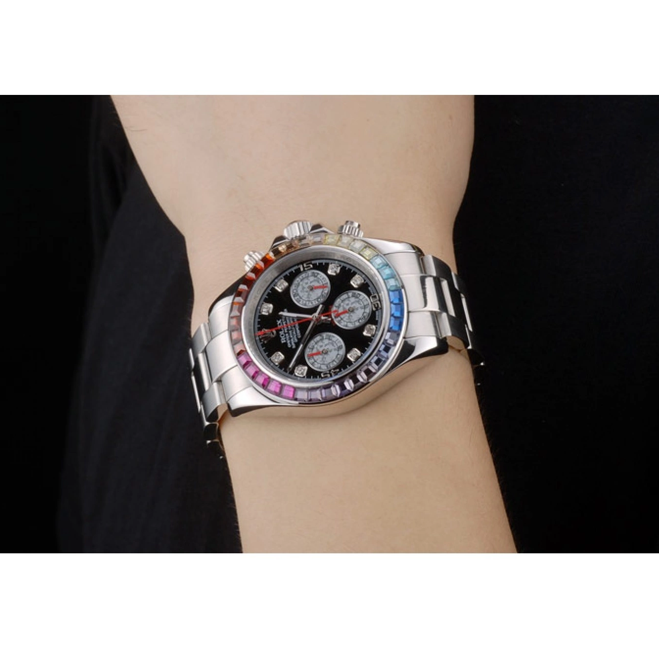 Good Copy Rolex Watches Rainbow Black Daytona Cosmograph Bezel Steep Dial Strap Stainless Crystals Rolex 80250 0726